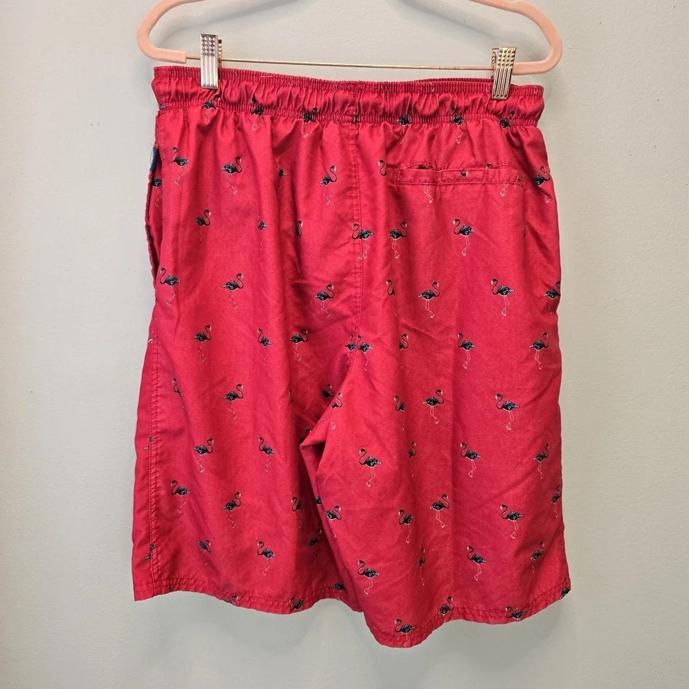Rugby University Red w/ Cool Black Flamingo Print Swim Trunks Shorts Size Large‎